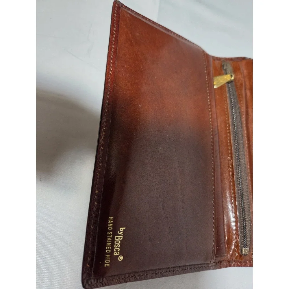 Vintage Bosca Women's Brown Leather Wallet Folding w Card ID Window  & Zip Coin